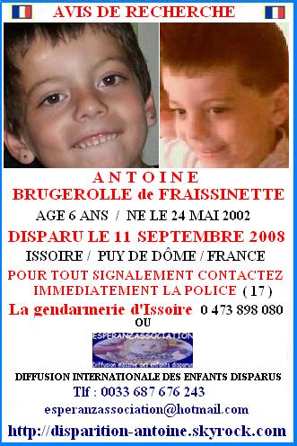 Avis de recherche pour enfant disparu : Antoine Brugeroulle de Traissinette, 6 ans, né 24 mai 2002, disparu 11 septembre 2008