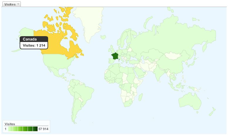 Carte mondiale code couleur : répartition des visites par pays, Canada en jaune (1 214 visites)