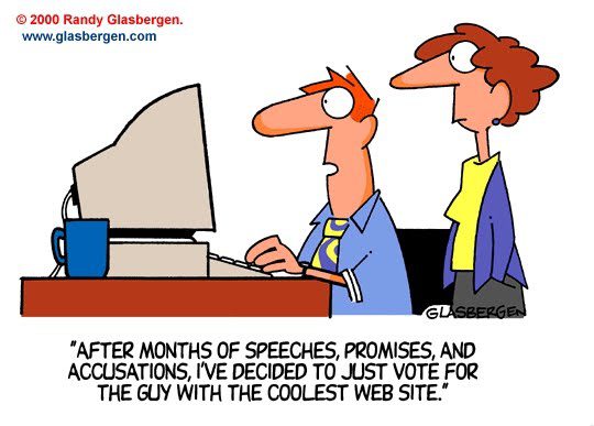 Dessin humoristique : homme devant ordinateur votant pour 'the coolest website'