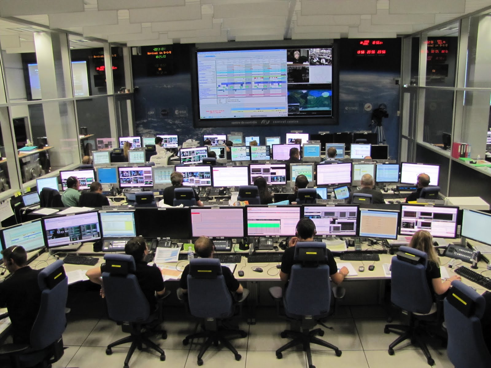 Salle de contrôle de mission aérienne avec rangées d'opérateurs et écrans