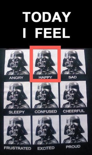 Affiche 'TODAY I FEEL' montrant Darth Vader avec Happy surligné en rouge parmi 9 émotions