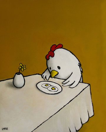 Dessin humoristique d'une poule face à des œufs brouillés