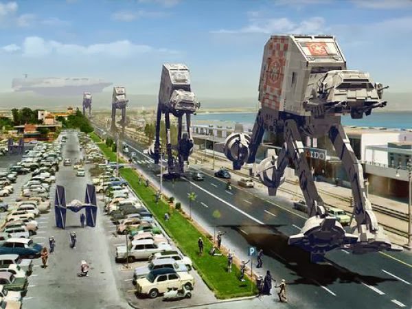 Montage surréaliste Star Wars : les marcheurs AT-AT défilant sur une autoroute urbaine bondée de voitures
