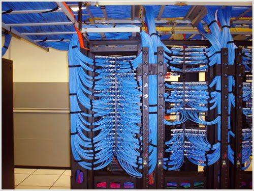 Armoire réseau blanche avec câbles Ethernet bleus soigneusement organisés