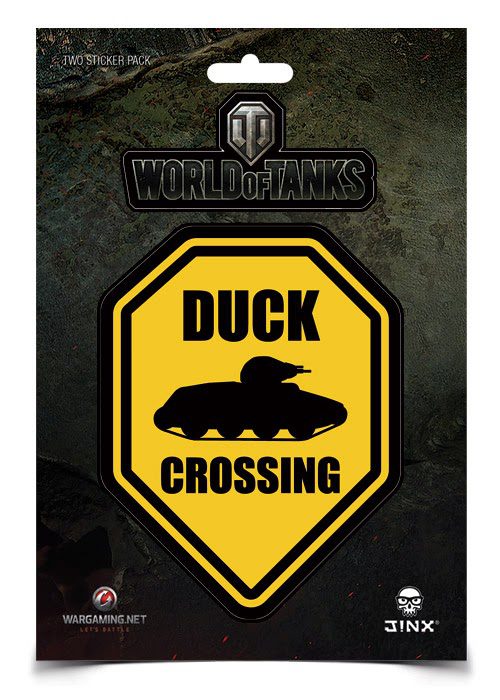 Sticker World of Tanks avec panneau jaune « Duck crossing » et silhouette de tank