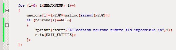 Capture d'écran de code C créant dynamiquement un réseau de neurones en mémoire