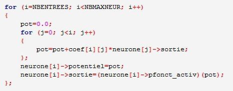 Capture d'écran de code C implémentant la propagation avant dans un réseau neuronal