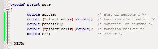 Capture d'écran de code C déclarant une structure typedef pour un neurone