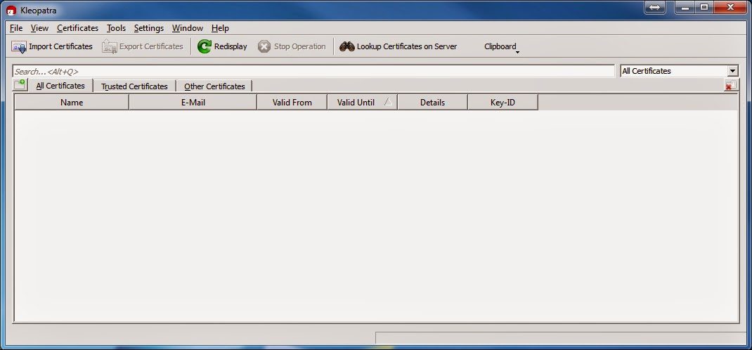 Capture écran Kleopatra gestionnaire certificats OpenPGP vide