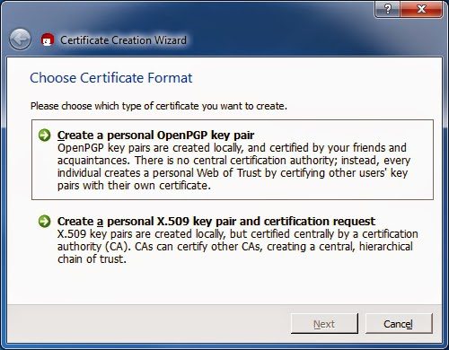 Boîte dialogue assistant création certificat OpenPGP et X.509