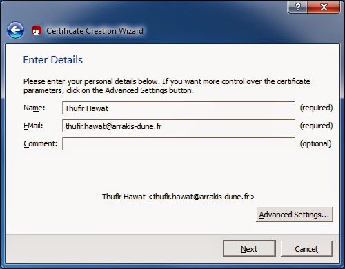 Dialogue saisie données certificat avec champs nom et email