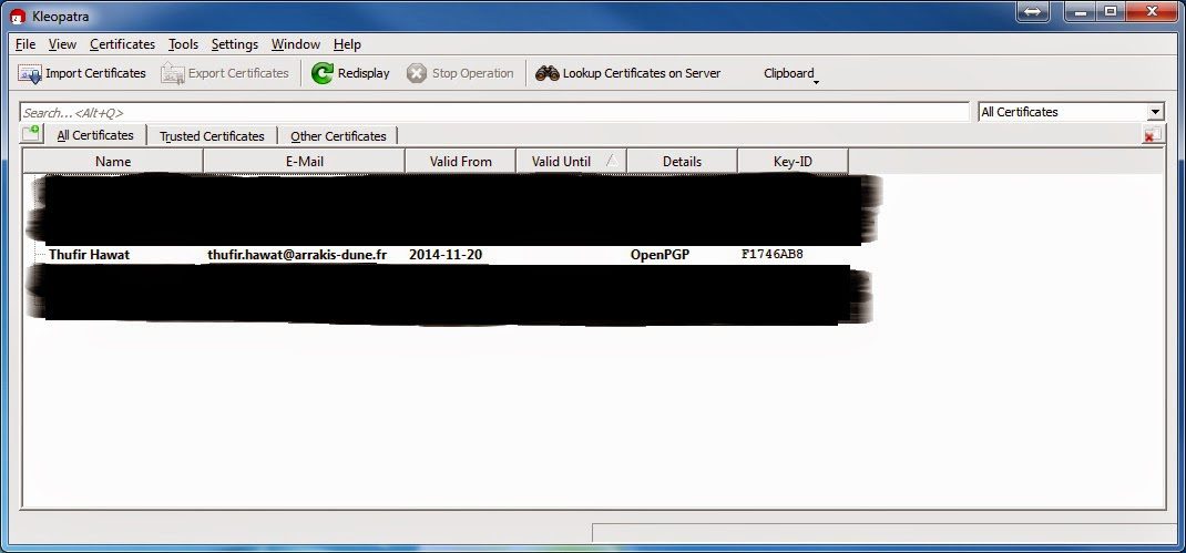 Fenêtre Kleopatra avec certificat OpenPGP Thufir Hawat créé