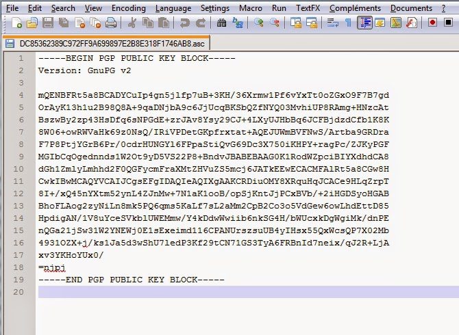 Capture écran clé publique PGP format texte ASCII blindé