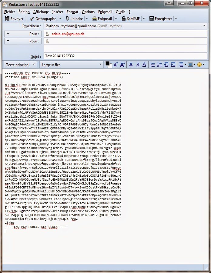 Fenêtre Thunderbird avec clef publique PGP chiffrée prête à envoyer à Adele