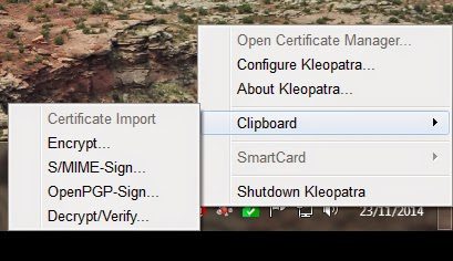 Menu contextuel de Kleopatra affichant les options Decrypt/Verify et gestion de certificats