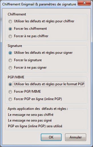 Boîte de dialogue Enigmail avec l'option « Forcer le chiffrement » sélectionnée