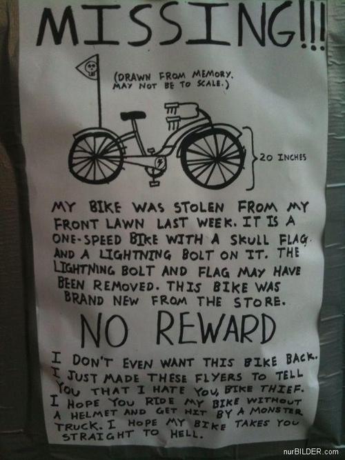Avis manuscrit 'MISSING' avec dessin de vélo et message ironique au voleur de vélo