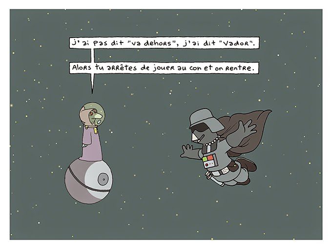 BD spatiale avec deux personnages et dialogue en français sur les noms Vador et Vader