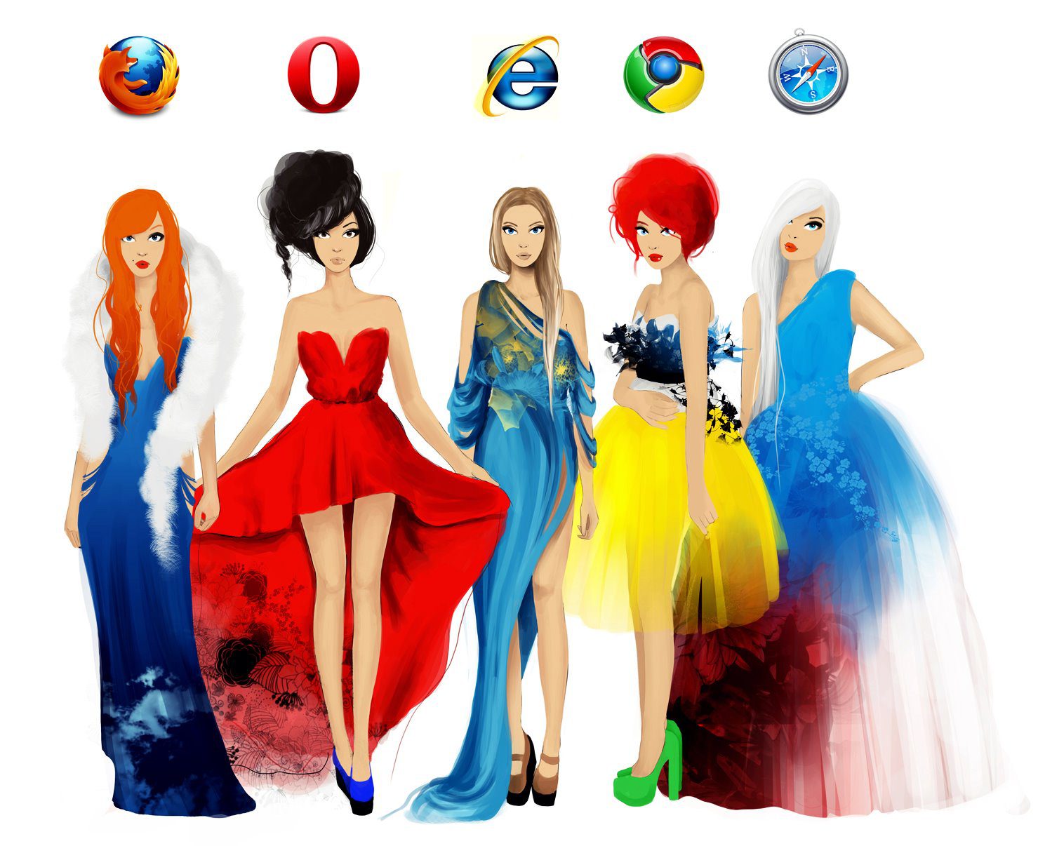Logos de navigateurs web (Firefox, Opera, IE, Chrome, Safari) et femmes illustrées à cheveux colorés