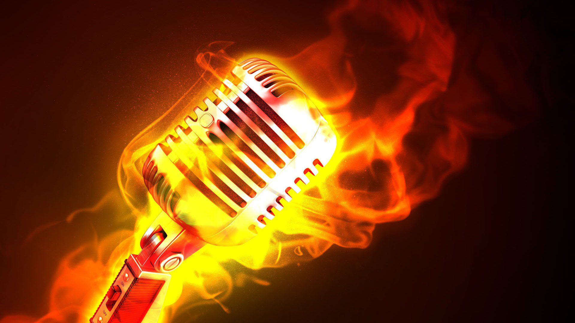 Microphone vintage enflammé, effets de feu jaune-orange sur fond noir