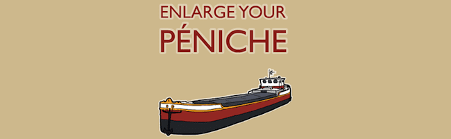 Affiche « Enlarge your péniche » avec illustration d'une péniche rouge et blanche