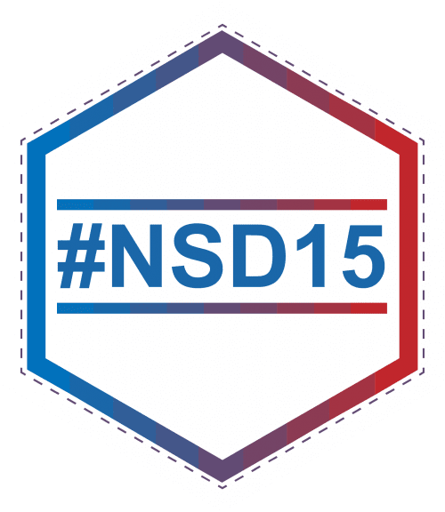 Logo hexagonal dégradé bleu-rouge avec #NSD15, NetSecure Day 2015
