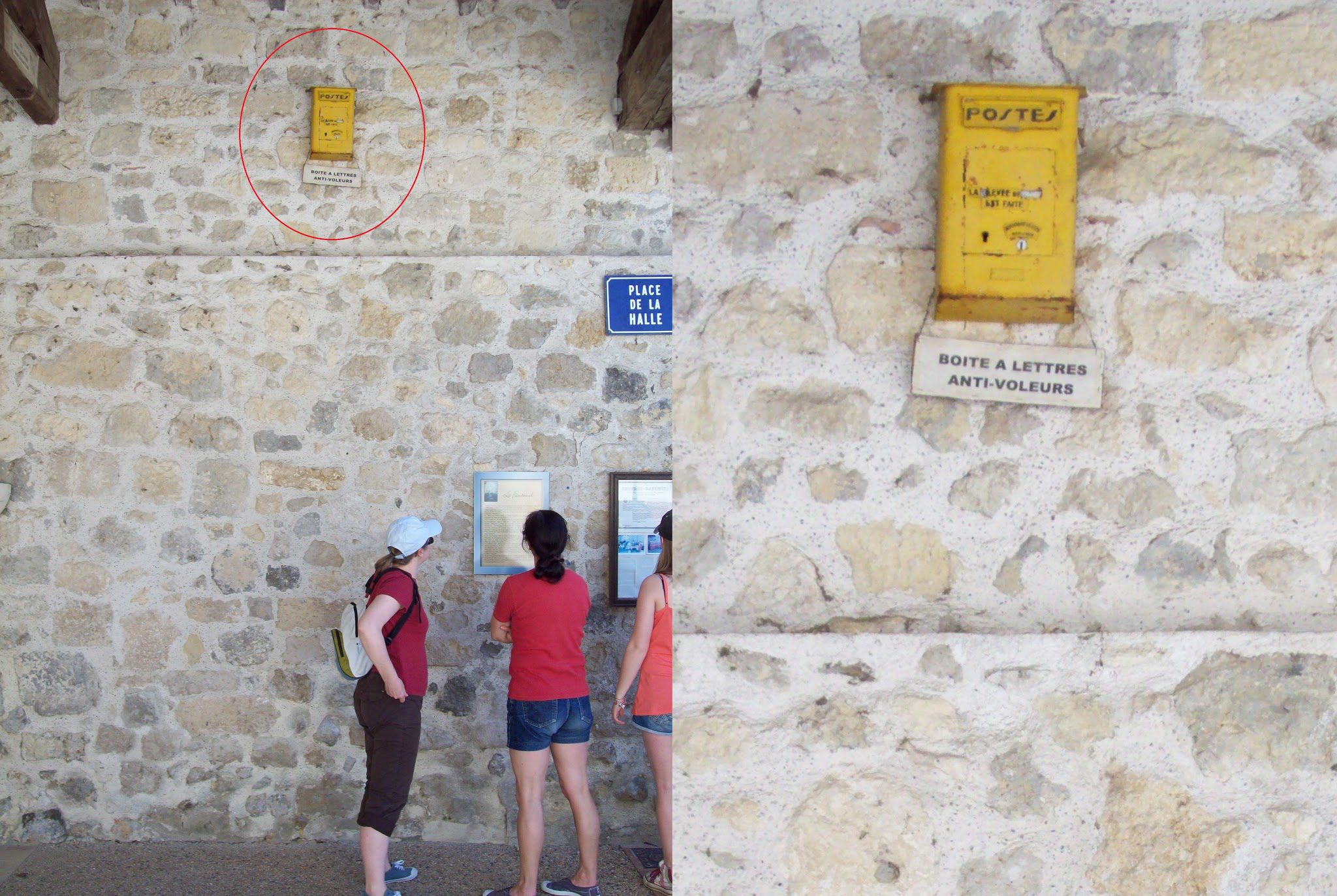 Boîtes aux lettres jaunes anciennes sur mur de pierre, l'une d'elles encerclée en rouge