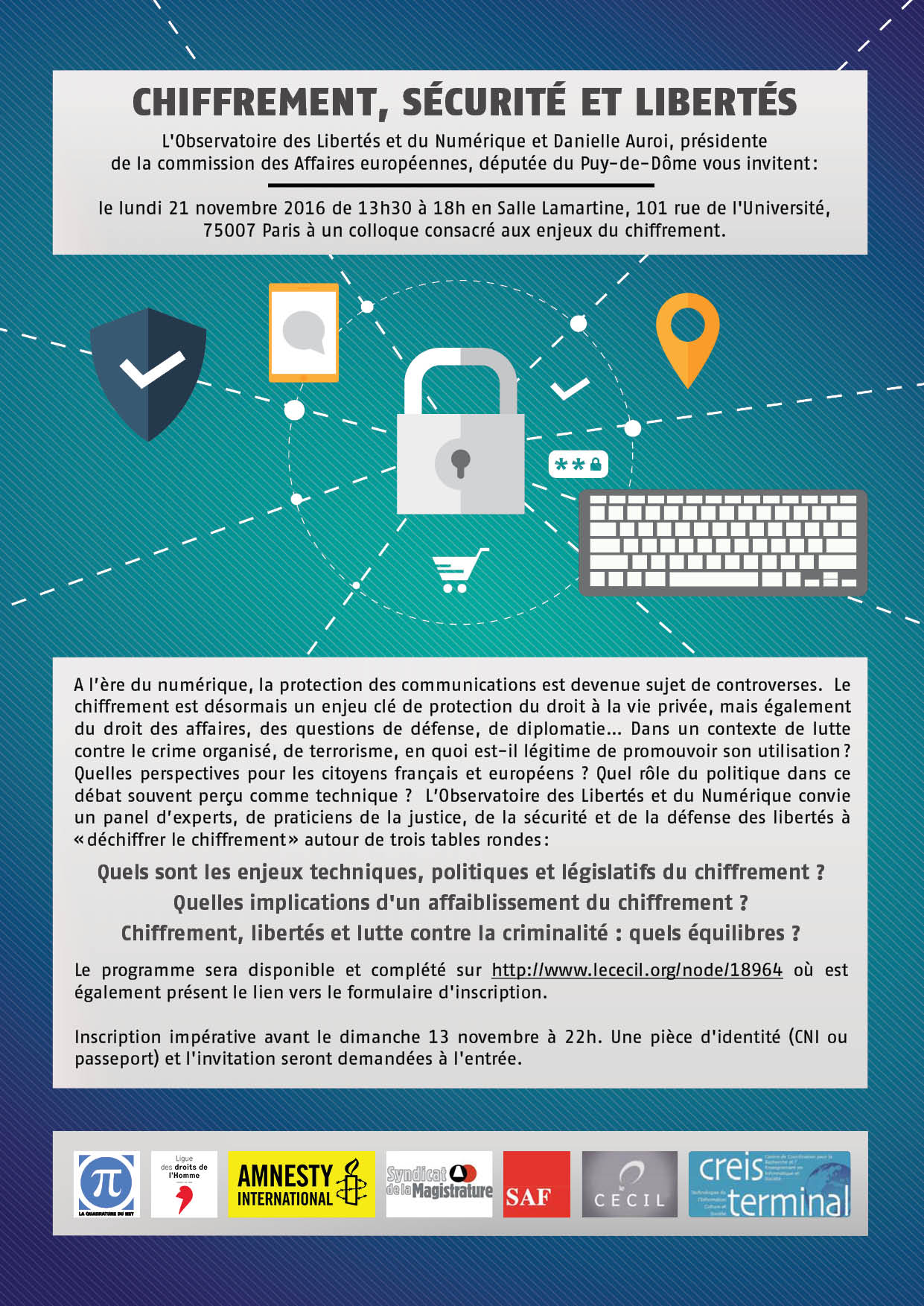 Affiche colloque Chiffrement sécurité libertés 21 novembre 2016