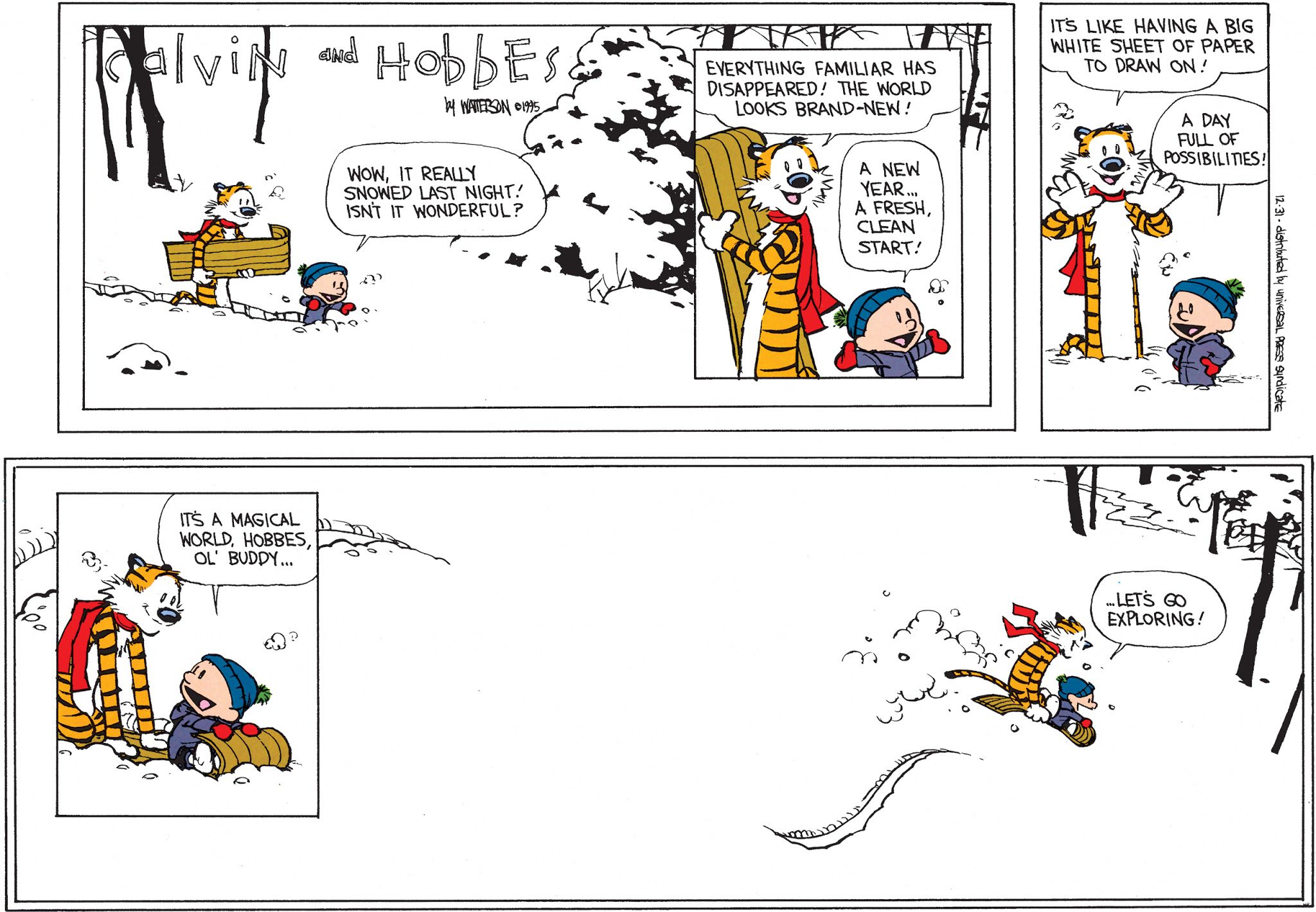Bande dessinée Calvin et Hobbes, personnages explorant monde enneigé