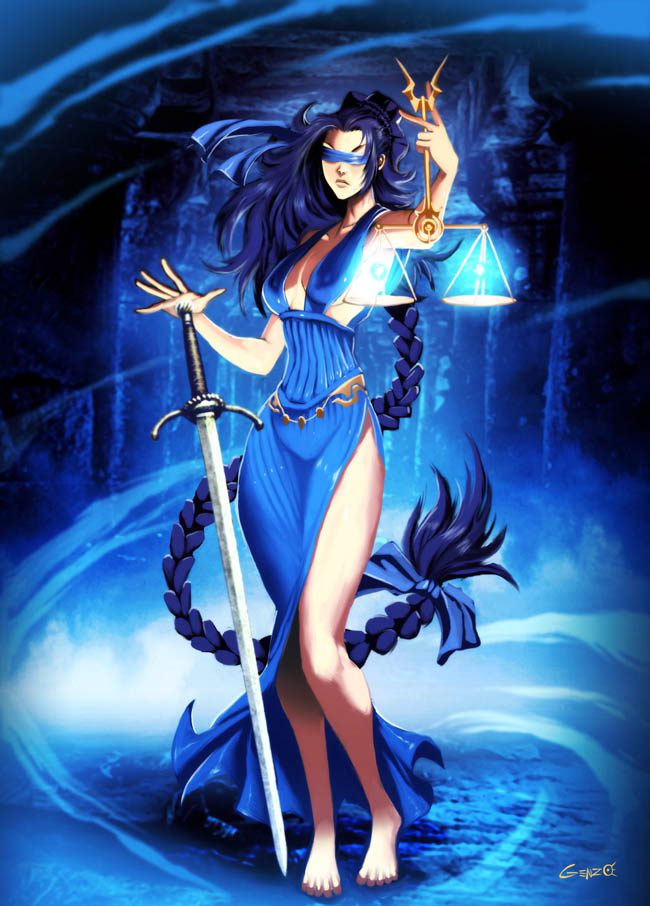 Femme illustration en bleu tenant une balance dorée et épée, représentation de Thémis déesse justice