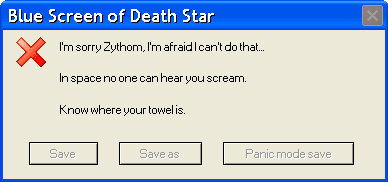 Capture d'écran parodie du Blue Screen of Death intitulée « Blue Screen of Death Star »