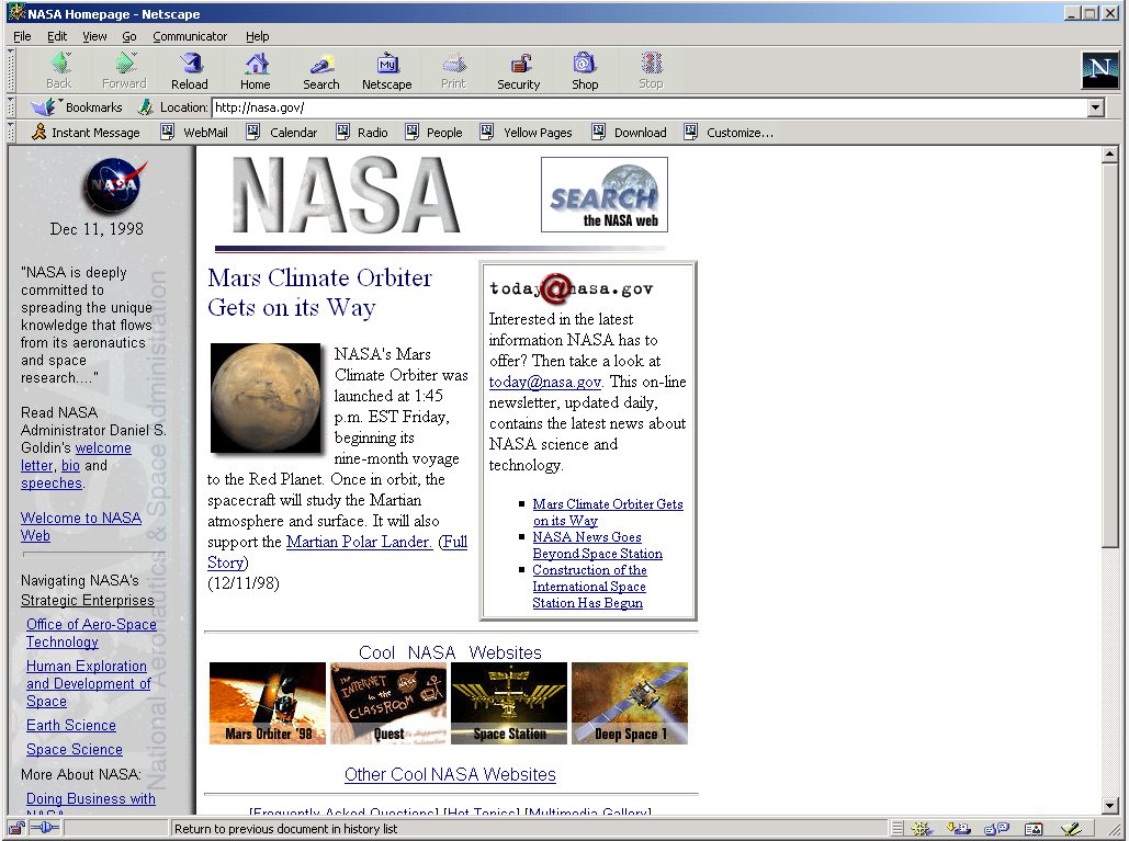 Capture d'écran de la page d'accueil NASA en 1998 dans le navigateur Netscape avec article « Mars Climate Orbiter Gets on its Way »