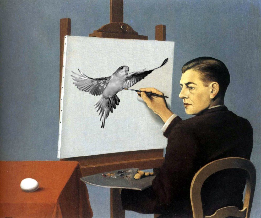 Tableau de Magritte montrant un peintre peignant un oiseau en vol sur sa toile