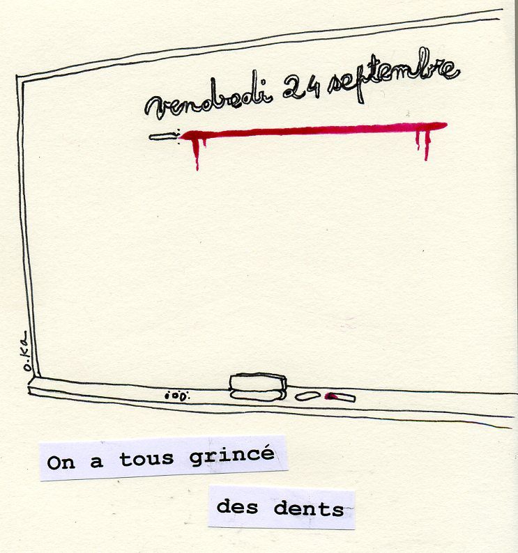 Dessin BD : page blanche avec date barrée en rouge et texte « On a tous grincé des dents »