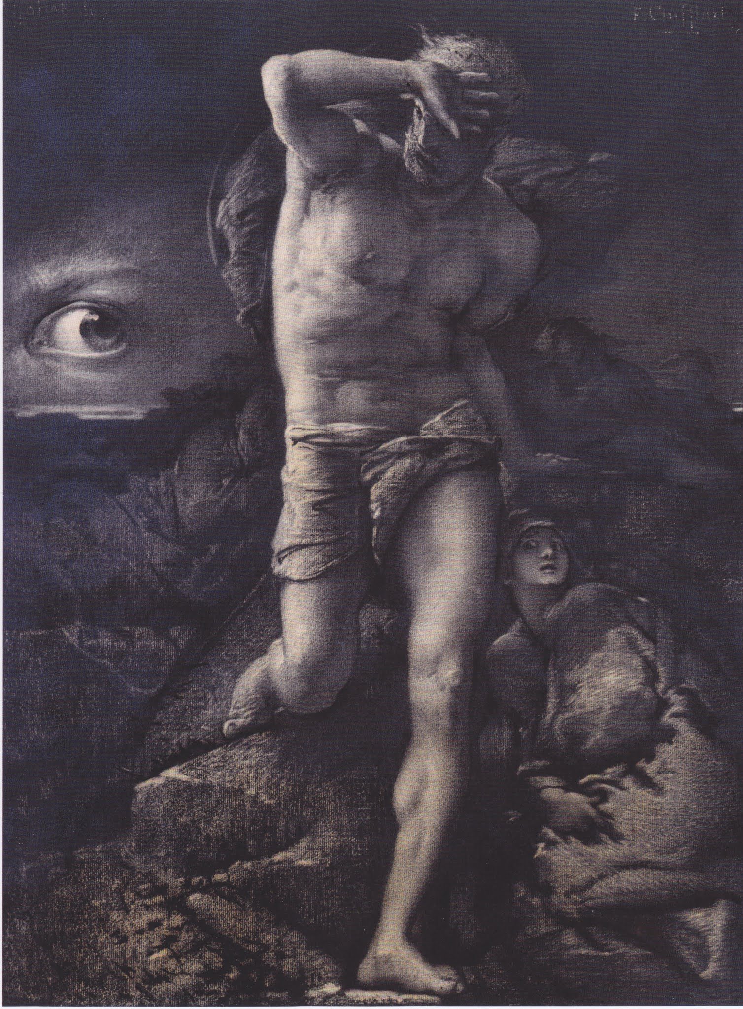 Peinture classique en noir et blanc intitulée « La Conscience » : femme nue en composition allégorique