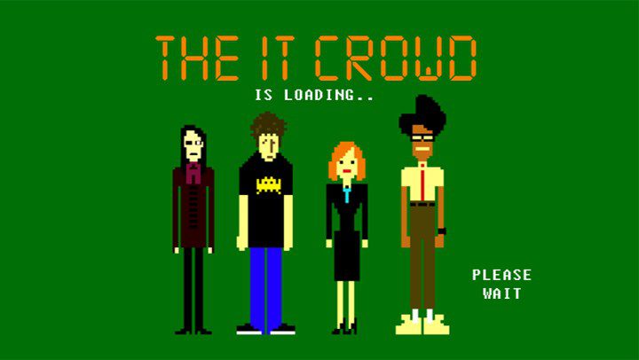 Capture de "The IT Crowd" - quatre personnages pixelisés style rétro, texte "IS LOADING... PLEASE WAIT"