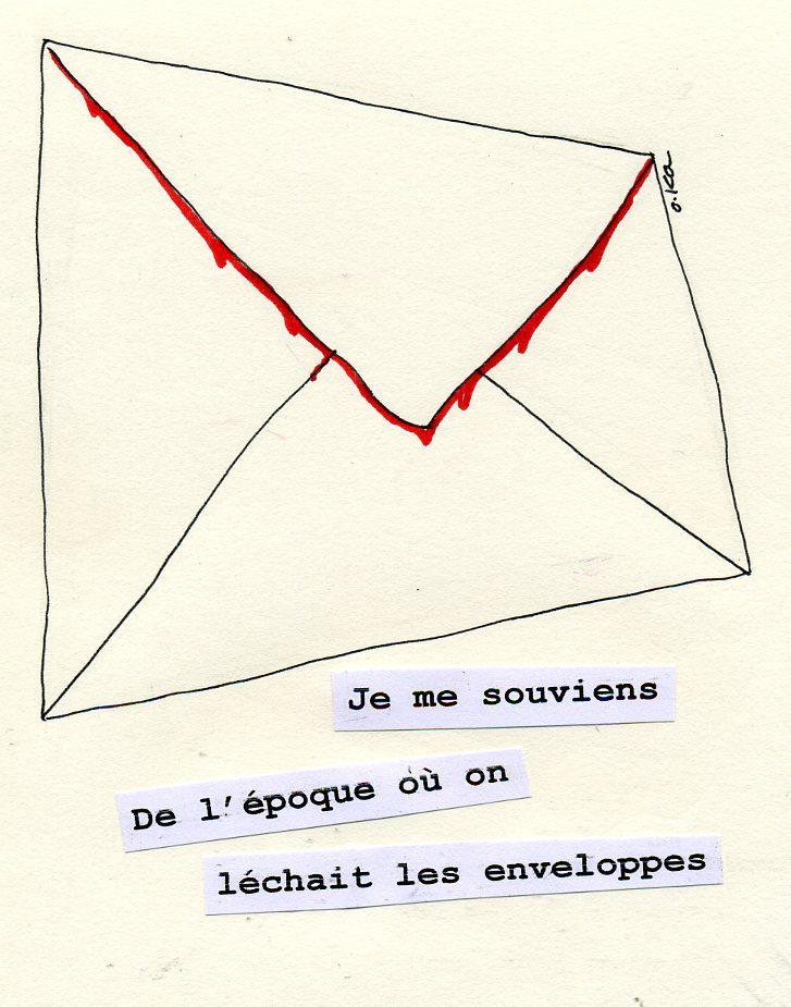 Dessin BD : enveloppe avec traces rouges, « De l'époque où on léchait les enveloppes »