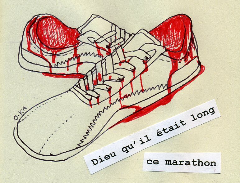 Dessin BD : chaussure de marathon éclaboussée, « Dieu qu'il était long ce marathon »