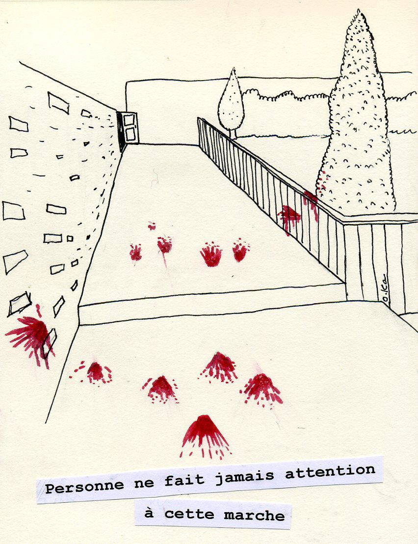 Dessin BD : jardin avec maison, sapin et taches rouges, « Personne ne fait jamais attention à cette marche »