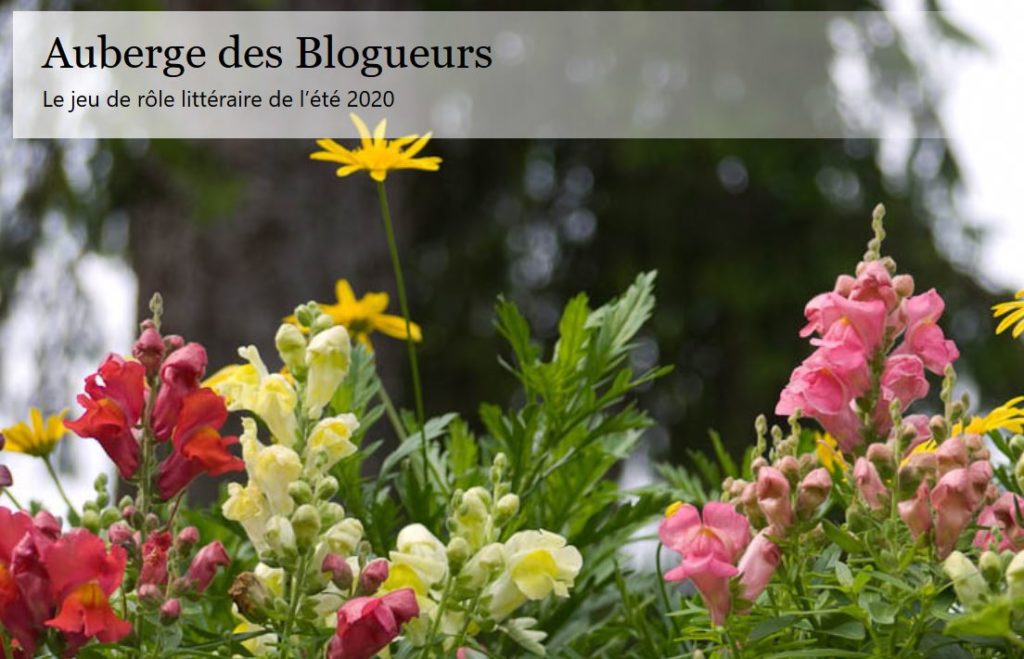 Affiche Auberge des Blogueurs avec fleurs colorées rouges, roses et jaunes