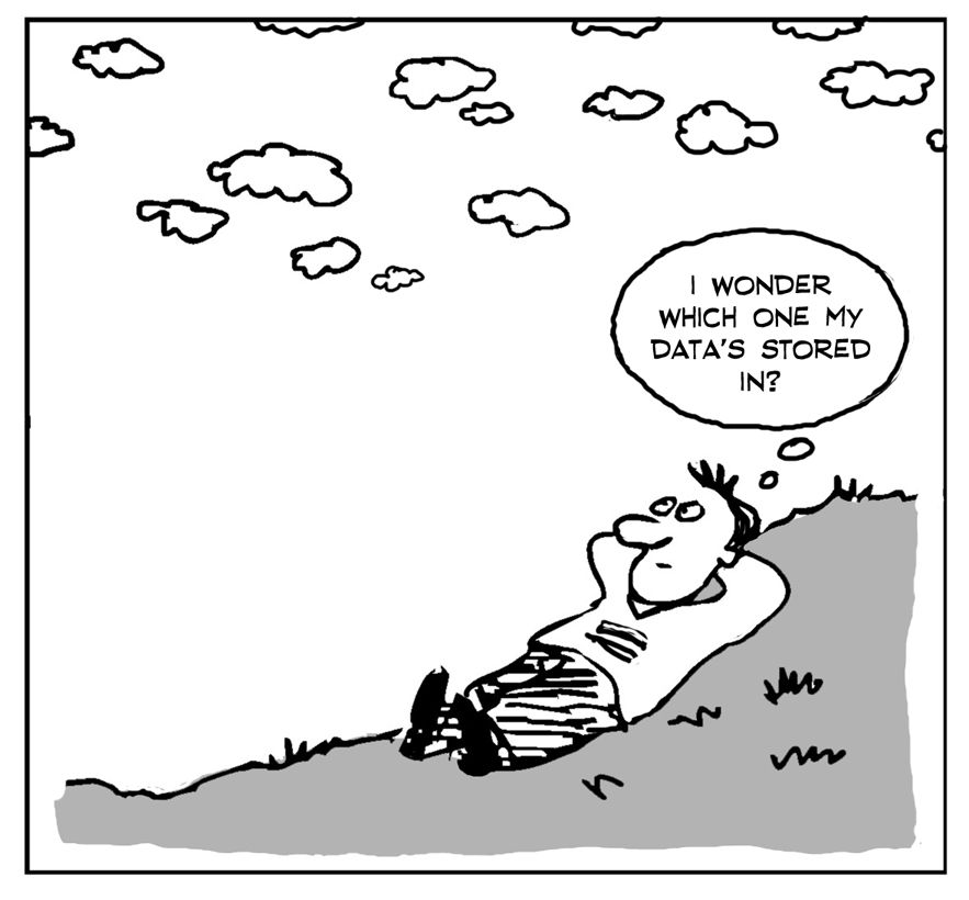 Dessin d'une personne allongée regardant les nuages avec la pensée « je me demande où sont mes données »