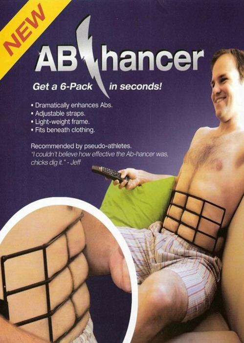 Publicité parodique pour ceinture AbHancer promettant des abdominaux en secondes