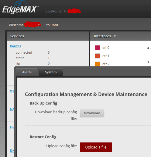 Interface web EdgeRouter X montrant sauvegarde/restauration configuration