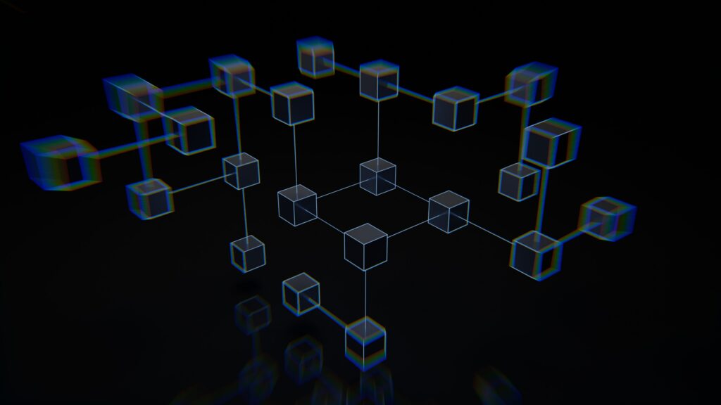 Schéma de réseau blockchain avec nœuds cubiques interconnectés