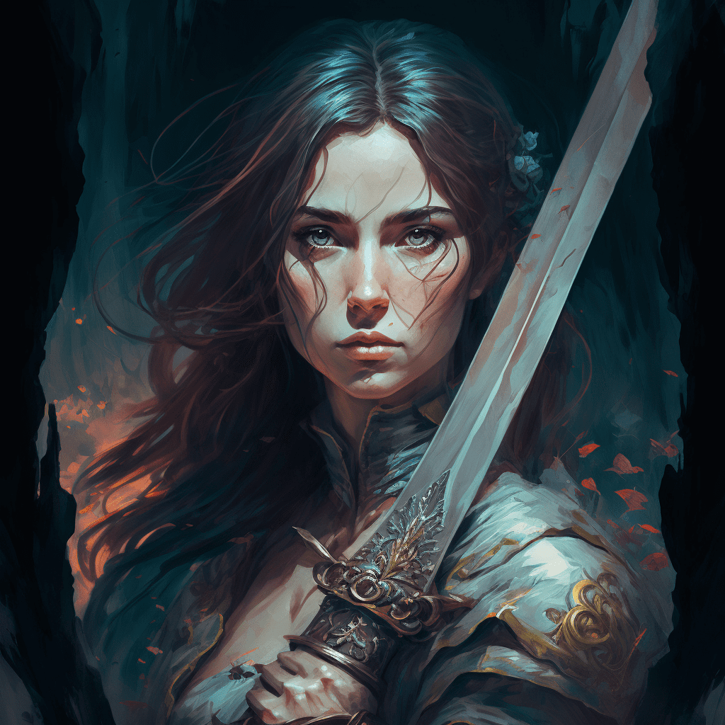 Portrait généré par IA d'une femme avec épée, regard intense, style fantasy sombre
