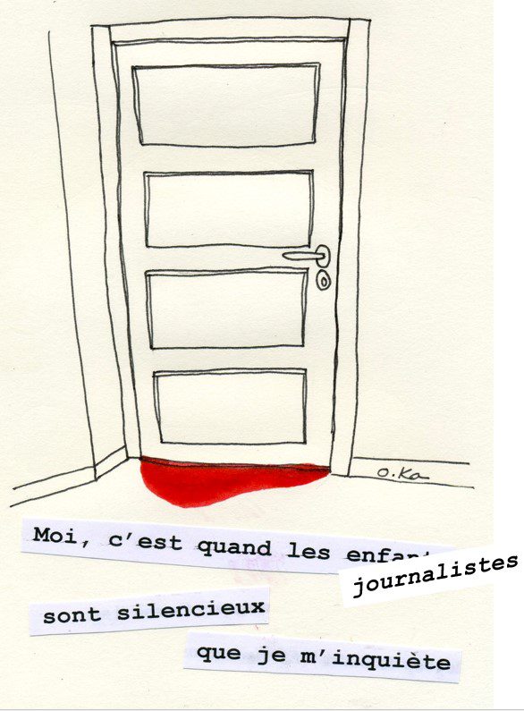 Dessin : porte blanche avec trace de sang rouge et citation sur le silence journalistes
