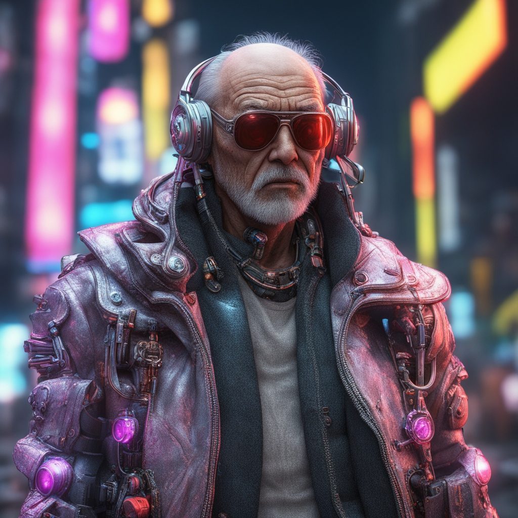Portrait généré par IA d'homme âgé avec casque audio, lunettes rouges, vêtements cyberpunk