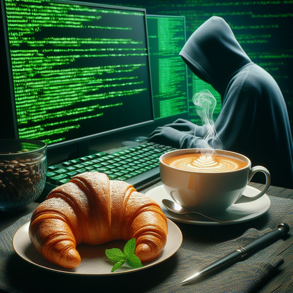 Hacker en hoodie assis devant ordinateur avec croissant flottant surréaliste