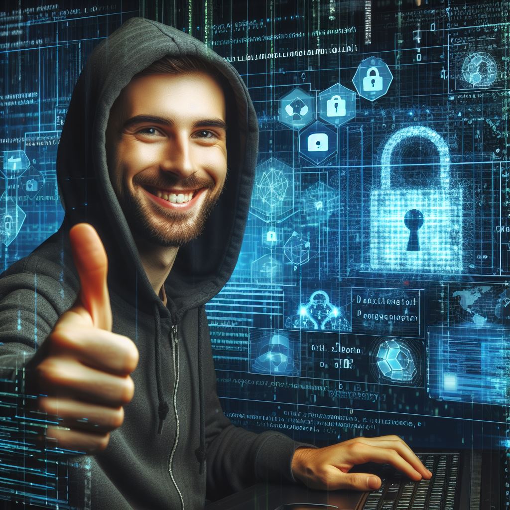 Hacker souriant en hoodie pointant du doigt, écrans de code bleu et interfaces sécurité