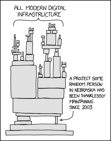 BD XKCD : pile de boîtes symbolisant infrastructure numérique mondiale maintenue par une personne depuis 2003